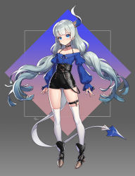 Rule 34 | 1girl, anzumame, bare shoulders, black footwear, blue eyes, bra strap, choker, earrings, full body, garter straps, gradient hair, high-waist shorts, highres, horns, jewelry, long hair, long sleeves, looking at viewer, low twintails, mole, mole under eye, multicolored hair, off-shoulder shirt, off shoulder, original, over-kneehighs, puffy sleeves, shirt, shorts, signature, single earring, single garter strap, single horn, skindentation, solo, tail, thigh strap, thighhighs, twintails, very long hair