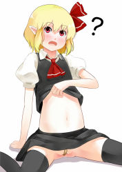Rule 34 | 1girl, ?, arm up, ascot, bad id, bad pixiv id, bandaid, bandaid on pussy, black thighhighs, blonde hair, blush, clothes lift, clueless, embodiment of scarlet devil, fang, female focus, hair ribbon, midriff, navel, nishiuri, no panties, open mouth, pointy ears, red eyes, ribbon, rumia, shirt, shirt lift, short hair, sitting, skirt, skirt lift, solo, thighhighs, touhou, vest, wariza