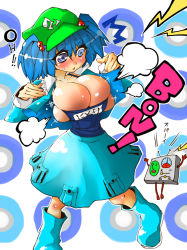 Rule 34 | 1girl, bad id, bad pixiv id, blue eyes, blue hair, blush, boots, breast expansion, breasts, bursting breasts, female focus, hair bobbles, hair ornament, hat, highres, hokuto (scichil), huge breasts, kawashiro nitori, large breasts, matching hair/eyes, one-piece swimsuit, open clothes, school swimsuit, short hair, solo, swimsuit, swimsuit under clothes, touhou, twintails, two side up