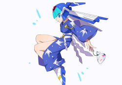 Rule 34 | 1girl, blue eyes, blue headwear, blue kimono, commentary request, fairy leviathan (mega man), forehead jewel, from side, helmet, japanese clothes, kaidou zx, kimono, legs, mega man (series), mega man x (series), mega man x dive, mega man zero (series), official alternate costume, print kimono, robot girl, simple background, solo, white background