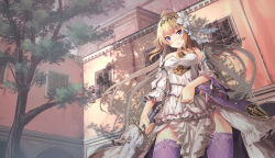 Rule 34 | 10s, 1girl, ahoge, arch, arm at side, armor, bad id, bad pixiv id, bare shoulders, blonde hair, blue eyes, blurry, blush, bow, breasts, brick wall, building, closed mouth, cowboy shot, depth of field, detached sleeves, dress, flower, frilled dress, frills, from below, granblue fantasy, hair flower, hair ornament, hairband, highres, holding, holding sword, holding weapon, jeanne d&#039;arc (granblue fantasy), jewelry, legs apart, lily (flower), long hair, looking at viewer, looking down, necklace, outdoors, pauldrons, purple bow, purple thighhighs, saraki, shingeki no bahamut, shoulder armor, skirt hold, sleeves past elbows, small breasts, solo, strapless, strapless dress, sword, thighhighs, tree, tree shade, very long hair, wall, weapon, white dress, white flower, wide sleeves, window