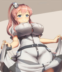 Rule 34 | 1girl, belt, blue eyes, breast pocket, breasts, brown hair, cannon, clothes lift, cowboy shot, dress, dress lift, from below, groin, impossible clothes, kantai collection, large breasts, long hair, machinery, magazine (weapon), maku ro, parted lips, pocket, ponytail, saratoga (kancolle), side ponytail, solo, standing, white dress