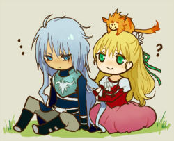 Rule 34 | 1boy, 1girl, ?, armor, blonde hair, blue eyes, blue hair, boots, claire bennett, creature, dress, gloves, green eyes, grey background, long hair, lowres, pants, tales of (series), tales of rebirth, veigue lungberg