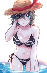 Rule 34 | 1girl, animal print, bikini, breasts, cleavage, collarbone, commentary request, cowboy shot, eyepatch, green eyes, green hair, hat, kabocha torute, kantai collection, kiso (kancolle), leaning forward, looking at viewer, medium breasts, navel, one-hour drawing challenge, short hair, side-tie bikini bottom, simple background, soaking feet, solo, straw hat, sun hat, swimsuit, tiger print, wading, white background