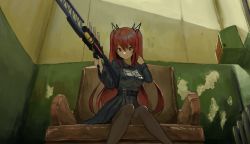 Rule 34 | 1girl, belt, blue dress, blush, breast pocket, breasts, brown pantyhose, collared dress, commentary, couch, dress, feet out of frame, from below, gun, hair between eyes, hair ornament, hands up, hin&#039;yari (kakukuru), holding, holding gun, holding weapon, indoors, long hair, long sleeves, looking at viewer, original, pantyhose, pleated skirt, pocket, red eyes, red hair, sitting, skirt, small breasts, smile, solo, two side up, weapon