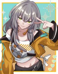 Rule 34 | 1girl, bare shoulders, commentary, crop top, grey hair, hand up, highres, honkai: star rail, honkai (series), jacket, long hair, long sleeves, looking at viewer, midriff, navel, nayoton77, off-shoulder shirt, off shoulder, official art, open clothes, open jacket, shirt, smile, solo, stelle (honkai: star rail), trailblazer (honkai: star rail), upper body, v, white shirt, yellow eyes, yellow jacket