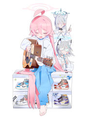 Rule 34 | 3girls, absurdres, acoustic guitar, ahoge, alternate costume, baggy pants, barefoot, blue archive, blue pants, blush, bm tol, closed eyes, display case, fang, feet, flute, grey hair, grey hoodie, guitar, hair between eyes, highres, holding, holding flute, holding instrument, hood, hood down, hoodie, hoshino (blue archive), instrument, long hair, long sleeves, looking at viewer, medium hair, multiple girls, music, nike (company), open mouth, pants, playing instrument, recorder, shiroko (blue archive), shiroko terror (blue archive), shoes, sidelocks, simple background, sitting, sneakers, sunglasses, toenails, toes, triangle (instrument), very long hair, white background