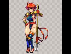 Rule 34 | 1girl, breasts, camille (suikoden), gensou suikoden, gensou suikoden i, lance, large breasts, leotard, pixel art, polearm, red hair, short hair, sideboob, sideless outfit, solo, spear, tagme, thick thighs, thighs, trident, weapon, wide hips, yumura kino, yumurama