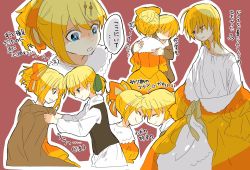 Rule 34 | 1boy, 7:24, ^ ^, aku no musume (vocaloid), allen avadonia, blonde hair, blue eyes, bow, brother and sister, closed eyes, collarbone, cosplay, costume switch, dress, empty eyes, closed eyes, forehead-to-forehead, green ribbon, hair bow, hair down, hair ornament, hair ribbon, hairclip, heads together, highres, hug, kagamine len, kagamine rin, loose clothes, ribbon, riliane lucifen d&#039;autriche, shaded face, short hair, siblings, sketch, sleeveless, sleeveless jacket, smile, tearing up, translation request, twins, undressing, vocaloid, yellow dress