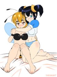 Rule 34 | 2girls, antennae, arm around waist, arthropod girl, barefoot, bed, bee girl, bee wings, black bra, black hair, black panties, blonde hair, blue eyes, blue panties, blue shirt, blush, borrowed character, bra, bracelet, breasts, brown eyes, brown hair, cleavage, collarbone, dakunart, erika-chan, highres, hug, insect girl, insect wings, jewelry, kneeling, large breasts, long hair, looking at viewer, mely, midriff, multiple girls, navel, one eye closed, panties, parted lips, puffy sleeves, shirt, short sleeves, sitting, smile, strapless, strapless bra, striped clothes, striped panties, teeth, twintails, underwear, white background, white panties, white shirt, wings, wink, yellow panties, yuri