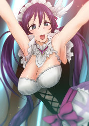 Rule 34 | 10s, 1girl, armpits, breasts, cleavage, corset, green eyes, highres, large breasts, long hair, love live!, love live! school idol festival, love live! school idol project, low twintails, maid headdress, open mouth, purple hair, shoukaki (earthean), smile, solo, tojo nozomi, twintails