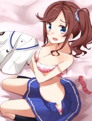 Rule 34 | 1girl, bad id, bad pixiv id, bare arms, bare shoulders, bed sheet, black socks, blue eyes, blue skirt, blush, bow, bow bra, bra, breasts, brown hair, cleavage, collarbone, condom, condom packet strip, condom wrapper, floral print, high school fleet, highres, kapatarou, kneehighs, long hair, looking at viewer, medium breasts, open clothes, open mouth, open skirt, panties, pink bra, pink panties, pleated skirt, print bra, print panties, school uniform, serafuku, shirt, unworn shirt, side ponytail, sitting, skirt, socks, solo, strap slip, underwear, wariza, white shirt
