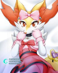 Rule 34 | 1girl, animal ear fluff, animal ears, animal hands, animal nose, artist name, bed sheet, black choker, blush, body fur, bow, braixen, brooch, choker, closed mouth, clothed pokemon, creatures (company), dakimakura (medium), dress, female focus, flat chest, fox ears, fox girl, from above, furry, furry female, game freak, gem, gen 6 pokemon, gloves, hair bow, hands up, happy, heart, jewelry, looking at viewer, lying, mitgard-knight, neck fur, nintendo, nose blush, off-shoulder dress, off shoulder, on back, pink bow, pink gloves, pokemon, pokemon (creature), purple gemstone, red dress, red eyes, simple background, smile, snout, solo, star (symbol), star in eye, symbol in eye, two-tone fur, upper body, watermark, web address, white background, white fur, yellow fur