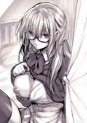 Rule 34 | 1girl, blush, bow, bowtie, breasts, closed mouth, glasses, greyscale, highres, large breasts, long hair, looking at viewer, monochrome, nipples, one breast out, original, sitting, smile, solo, sweater vest, takatsuki ichi, thighhighs, thighs