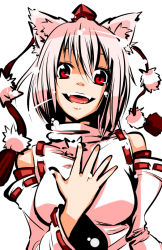 Rule 34 | 1girl, a.f.o, animal ears, bare shoulders, breasts, detached sleeves, fangs, female focus, hat, inubashiri momiji, large breasts, open mouth, short hair, silver hair, smile, solo, tokin hat, touhou, upper body, white background, wolf ears