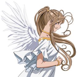 Rule 34 | 1girl, aa megami-sama, belldandy, brown hair, extraction, facial mark, folded hands, hands folded, highres, long hair, looking at viewer, looking to the side, own hands clasped, transparent background, vector trace, wings
