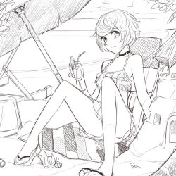 Rule 34 | 1girl, beach umbrella, black choker, choker, cloud, drink, ejami, foot out of frame, greyscale, looking at viewer, monochrome, original, outdoors, short hair, sitting, solo, swimsuit, umbrella