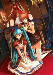 Rule 34 | 3girls, aqua hair, babydoll, blue eyes, blush, bow, candle, comb, dress, dutch angle, earrings, gloves, hair ornament, hairdressing, hatsune miku, highres, jeanex, jewelry, kneeling, long hair, megurine luka, multiple girls, necklace, no shoes, painting (object), panties, plate, red hair, seiza, short hair, sitting, smile, thighhighs, twintails, underwear, very long hair, vocaloid, white legwear