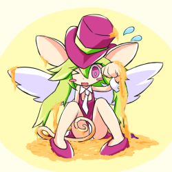 Rule 34 | 1girl, animal ears, blush stickers, breasts, green hair, hat, leotard, mad rat dead, mouse (animal), mouse ears, mouse girl, mouse tail, nippon ichi, rat god, red eyes, tail, top hat, wings, wrist cuffs