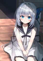 Rule 34 | 1girl, absurdres, ahoge, bare arms, black ribbon, black sailor collar, blue eyes, blurry, butterfly hair ornament, closed mouth, colored eyelashes, commentary, cowboy shot, depth of field, dress, eyes visible through hair, frilled dress, frills, ginka, grey hair, hair between eyes, hair intakes, hair ornament, highres, light rays, long hair, looking at viewer, nodoameyatou, on bench, one side up, own hands together, ribbon, sailor collar, sailor dress, shinomiya ginka, short dress, sidelighting, sitting, sleeveless, sleeveless dress, smile, solo, split mouth, straight hair, sunbeam, sunlight, v arms, very long hair