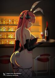 Rule 34 | 1girl, absurdres, animal ears, artist name, ass, back, backless leotard, bar (place), bare shoulders, black gloves, black leotard, blue eyes, blunt bangs, bottle, butterfly hair ornament, colorized, cup, drinking glass, elbow gloves, fake animal ears, fake tail, fishnet thighhighs, fishnets, gloves, go-toubun no hanayome, hair ornament, hair ribbon, hand on own ass, highres, holding, holding tray, huge ass, kosmos beta, leotard, long hair, looking at viewer, nakano nino, playboy bunny, rabbit ears, rabbit tail, red hair, ribbon, shoulder blades, solo, standing, strapless, strapless leotard, tail, thick thighs, thighhighs, thighs, thong leotard, tray, two side up, victoors, wide hips, wine bottle, wine glass