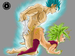 Rule 34 | 1boy, 1girl, ass, blue eyes, blue hair, bottomless, breasts, clothes lift, dark toons cave artist, doggystyle, dragon ball, dragon ball super, from side, green hair, hetero, kefla (dragon ball), large breasts, open mouth, saliva, sex, sex from behind, shirt lift, tears, text focus, thighhighs, tongue, tongue out, top-down bottom-up, trembling, vaginal, vegetto