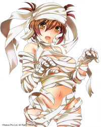 Rule 34 | 1girl, bandages, bare shoulders, breasts, brown eyes, brown hair, groin, looking at viewer, mummy, navel, original, short hair, simple background, solo, suoni (deeperocean), white background