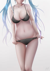 Rule 34 | 1girl, absurdres, artist name, bad id, bad pixiv id, black bra, black panties, bow, bow panties, bra, breasts, cleavage, collarbone, frown, groin, hatsune miku, head out of frame, highres, large breasts, long hair, navel, omone hokoma agm, panties, panty tug, partially blind, solo, strap gap, tattoo, thigh gap, thighs, twintails, underwear, vocaloid, white background