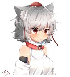 Rule 34 | 1girl, abe suke, animal ears, blush, breasts, brown eyes, closed mouth, collar, commentary request, detached sleeves, grey hair, hat, inubashiri momiji, medium breasts, pom pom (clothes), red hat, short hair, signature, simple background, solo, sweat, tokin hat, touhou, upper body, white background, wolf ears