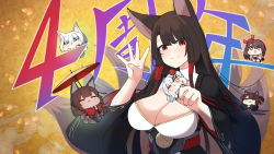 Rule 34 | :d, = =, akagi-chan (azur lane), akagi (azur lane), akaoni (zumt3548), amagi (azur lane), animal ears, azur lane, black hair, blue eyes, blunt bangs, breasts, brown eyes, brown hair, chibi, cleavage, commentary request, eyes visible through hair, eyeshadow, fox ears, fox girl, fox tail, hair between eyes, hair ornament, highres, holding, holding umbrella, japanese clothes, kaga (azur lane), kitsune, kyuubi, long hair, long sleeves, looking at viewer, makeup, mini person, minigirl, multiple tails, oil-paper umbrella, open mouth, red eyes, short hair, shoukaku (azur lane), side ponytail, sidelocks, size difference, smile, sweat, tail, thick eyebrows, translation request, twintails, umbrella, white hair, wide sleeves, zuikaku (azur lane)