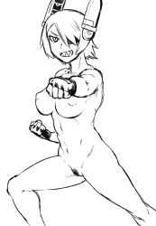 Rule 34 | 10s, 1girl, blush, breasts, eyepatch, female pubic hair, fighting stance, frown, greyscale, hair over one eye, headgear, kantai collection, large breasts, machinery, monochrome, navel, nipples, nude, personification, pubic hair, punching, sharp teeth, short hair, sketch, solo, teeth, tenryuu (kancolle), toned, tsukudani (coke-buta)