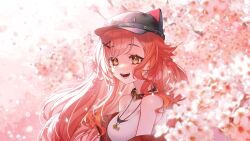 Rule 34 | 1girl, black collar, black hat, black undershirt, bloom, breasts, cherry blossoms, cleavage, collar, earrings, falling petals, fangs, fish skeleton print, hair flaps, hair ornament, hat, hat with ears, highres, jacket, jewelry, karupisusawa, long hair, looking at viewer, medium breasts, necklace, nekota tsuna, off shoulder, open mouth, orange hair, pendant, petals, red jacket, smile, solo, sparkling eyes, swept bangs, tank top, too many flowers, virtual youtuber, vspo!, white tank top, x hair ornament, yellow eyes