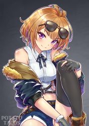 Rule 34 | 1girl, absurdres, bare shoulders, blush, breasts, brown hair, girls&#039; frontline, grizzly mkv (girls&#039; frontline), highres, making-of available, medium breasts, navel, potato tacos, purple eyes, short hair, short shorts, shorts, sleeveless, smile, solo, thighhighs, video available
