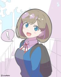 Rule 34 | !, 1girl, absurdres, backpack, bag, black bag, blue eyes, blue jacket, blush, breasts, collared shirt, commentary request, dress, grey dress, grey hair, highres, jacket, long sleeves, looking at viewer, love live!, love live! superstar!!, medium breasts, neck ribbon, open clothes, open jacket, open mouth, red ribbon, ribbon, rinon42600, school uniform, shirt, short hair, solo, spoken exclamation mark, standing, tang keke, teeth, twitter username, upper body, upper teeth only, white shirt, winter uniform, yuigaoka school uniform
