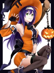 Rule 34 | 1girl, aplche, bare shoulders, belt, black gloves, breasts, closed mouth, clothing cutout, detached sleeves, fingerless gloves, fire emblem, fire emblem: path of radiance, fire emblem heroes, gloves, green eyes, hairband, halloween costume, hat, headband, jack-o&#039;-lantern, long hair, looking at viewer, medium breasts, mia (fire emblem), navel, navel cutout, nintendo, purple hair, sitting, smile, solo, white headband, witch hat