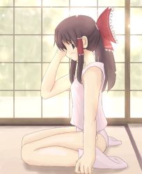 Rule 34 | 1girl, bare shoulders, bow, brown eyes, brown hair, camisole, collarbone, female focus, from side, full body, hair bow, hakurei reimu, indoors, japanese clothes, looking at viewer, looking to the side, miko, nabetomo, panties, pink panties, red bow, ribbon, seiza, sidelocks, sitting, socks, solo, tatami, touhou, underwear