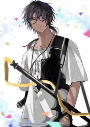 Rule 34 | 1boy, arknights, black hair, blurry, blurry foreground, bracelet, braid, commentary, confetti, dark-skinned male, dark skin, frown, glasses, highres, hishoti cheese, holster, jewelry, long hair, looking at viewer, male focus, multiple braids, necklace, ponytail, sheath, sheathed, shirt, simple background, solo, sword, t-shirt, thorns (arknights), thorns (comodo) (arknights), weapon, white background, white shirt, yellow eyes