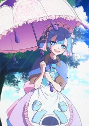 Rule 34 | 1boy, :d, blue bow, blue eyes, blue hair, bow, cloud, day, dress, highres, holding, holding umbrella, made in abyss, maid headdress, maruruk, moto-salt, open mouth, outdoors, parasol, short hair, smile, trap, tree, umbrella, whistle