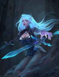 Rule 34 | 1girl, alternate color, alternate costume, asymmetrical bangs, asymmetrical gloves, black gloves, black lips, blue hair, building, chuby mi, cleavage cutout, closed mouth, clothing cutout, collar, death sworn katarina, earrings, gloves, glowing, glowing hair, highres, holding, holding sword, holding weapon, horns, jewelry, katarina (league of legends), league of legends, lipstick, long hair, looking at viewer, makeup, pants, realistic, scar, scar across eye, scar on face, short sleeves, single glove, solo, standing, sword, uneven gloves, weapon