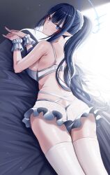 Rule 34 | 1girl, absurdres, alternate costume, ass, bed sheet, black hair, blue archive, blue eyes, blush, bra, breasts, commentary, grey bra, grey panties, halo, highres, large breasts, lingerie, looking at viewer, looking back, lying, nicky w, on stomach, own hands together, panties, pointy ears, ponytail, rin (blue archive), scrunchie, sidelocks, solo, thighhighs, underwear, white thighhighs, wrist scrunchie