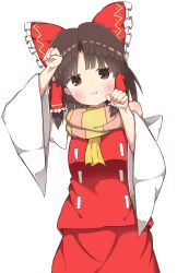 Rule 34 | 1girl, :3, akabeco, benikurage (cookie), blush, bow, brown eyes, brown hair, closed mouth, cookie (touhou), detached sleeves, fang, fang out, hair bow, hair tubes, hakurei reimu, highres, looking at viewer, paw pose, red bow, short hair, smile, solo, touhou, upper body