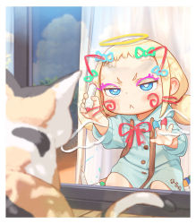 Rule 34 | 1girl, :&lt;, blonde hair, blue eyes, blue hoodie, buttons, cat, child, commentary request, curtains, drawn ears, drawn halo, drawn whiskers, drawn wings, halo, hood, hoodie, kozato (yu kozato), marker, original, solo focus