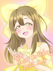 Rule 34 | 1girl, absurdres, artist name, artist request, blush, bow, breasts, brown eyes, brown hair, close-up, dress, dress bow, female focus, gabadx, hair between eyes, hair bow, highres, kunikida hanamaru, light brown hair, long hair, looking at viewer, love live!, love live! sunshine!!, nail, nail polish, parted lips, pink nails, pink nails, smile, solo, upper body, yellow bow, yellow dress, yellow eyes