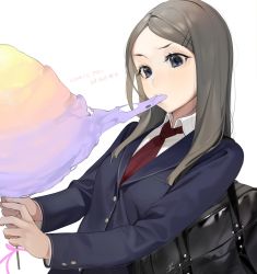 Rule 34 | 1girl, absurdres, bad id, bad twitter id, bag, blazer, buttons, collared shirt, commentary, cotton candy, eating, hair ornament, hairclip, highres, jacket, long hair, long sleeves, necktie, ohisashiburi, original, red necktie, school bag, shirt, shoulder bag, solo, upper body, white background, white shirt
