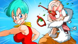 Rule 34 | 1boy, 1girl, age difference, angry, blue eyes, blue hair, blush, breasts, bulma, cleavage, dragon ball, dragonball z, game cg, highres, injury, large breasts, muten roushi, old, old man, open mouth, pervert, red skirt, scarf, skirt, slap mark, slapping, sunglasses, tagme, yamamoto doujin