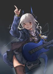 Rule 34 | 1girl, aegisfate, arknights, arm up, black background, black skirt, black thighhighs, blue jacket, blue tail, blunt bangs, blush, demon horns, demon tail, guitar, highres, holding, holding instrument, horns, instrument, jacket, liskarm (arknights), long hair, long sleeves, looking at viewer, neckerchief, open clothes, open jacket, open mouth, pleated skirt, pointing, pointing up, red eyes, simple background, skirt, smile, solo, standing, steam, tail, teeth, thighhighs, thighs, upper teeth only, watch, wavy hair, white hair, wristwatch