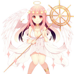 Rule 34 | 1girl, angel, angel wings, bad id, bad pixiv id, bare shoulders, blush, breasts, cleavage, collar, dress, flower, hair flower, hair ornament, halo, head wreath, long hair, medium breasts, natsume3304, original, pink hair, red eyes, simple background, smile, solo, staff, white background, wings