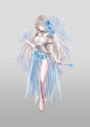 Rule 34 | 1girl, absurdres, armor, barefoot, blue dress, blue flower, blue gemstone, breasts, choppy bangs, cleavage, closed eyes, closed mouth, collar, detached sleeves, dress, dress flower, floating, floating object, floral background, flower, full body, gem, grey background, hair intakes, hearts recollection, highres, holding, holding wand, jewelry, jidou neko, light brown hair, light smile, long hair, long sleeves, medium breasts, necklace, see-through, see-through cleavage, see-through dress, see-through sleeves, shoulder armor, side slit, solo, strapless, strapless dress, two-tone dress, wand, white dress