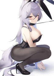 Rule 34 | 1girl, animal ear fluff, animal ears, bag, bare shoulders, black pantyhose, blush, breasts, cleavage, closed mouth, clothing cutout, collar, dabuki, fake animal ears, fake tail, fox ears, fox girl, fox tail, from side, full body, grey hair, handbag, high heels, highres, large breasts, leash, leotard, long hair, looking at viewer, looking to the side, original, pantyhose, playboy bunny, rabbit ears, rabbit tail, red eyes, simple background, solo, squatting, strapless, strapless leotard, tail, tail through clothes, very long hair, white background, wrist cuffs