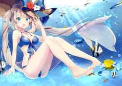 Rule 34 | 1girl, :d, air bubble, ameshizuku natsuki, arm up, bare legs, bare shoulders, barefoot, bikini, blue bikini, blue bow, blush, bow, breasts, brown hat, bubble, cleavage, commentary request, day, fate/grand order, fate (series), fish, fish request, flower, front-tie bikini top, front-tie top, green eyes, hat, hat bow, long hair, looking at viewer, marie antoinette (fate), marie antoinette (swimsuit caster) (third ascension) (fate), medium breasts, open mouth, outdoors, red flower, silver hair, smile, solo, striped, striped bow, swimsuit, twintails, underwater, very long hair, water, white flower